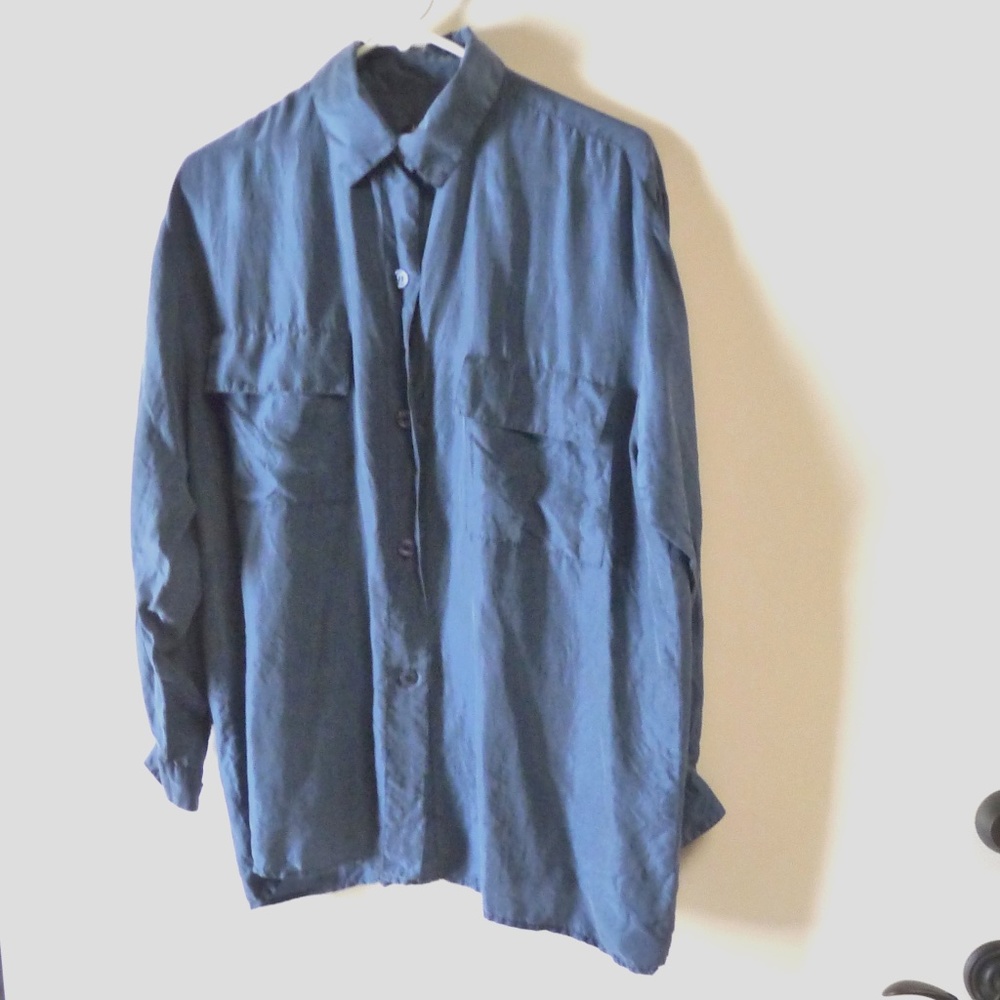 James River Trader blue silk button down shirt tunic M oversized L XL